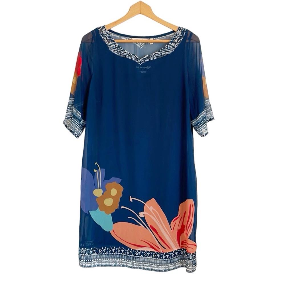 Soft Surrounding Womsns Blue Hibiscus Floral Overlay Shift Dress size PM